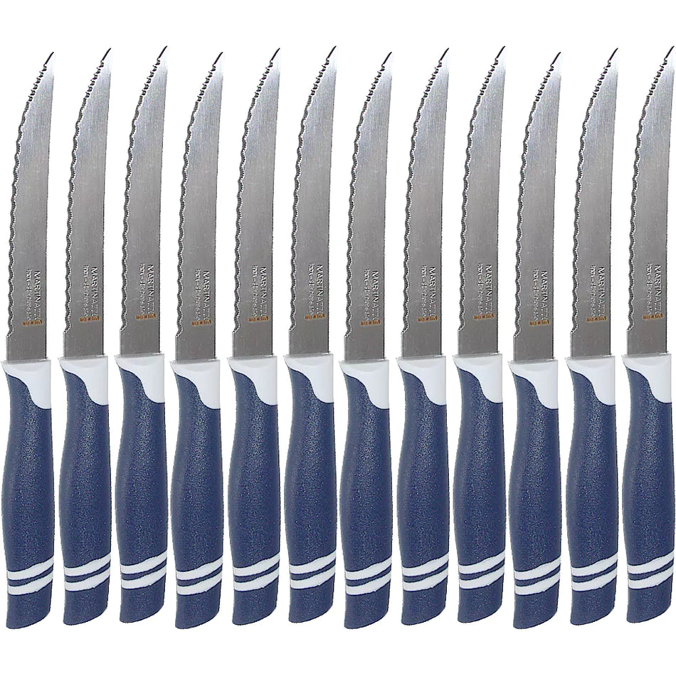 Martinazzo Serrated Steak Knife Blue Plastic Handle 5", 12 Pcs Card  21537/02