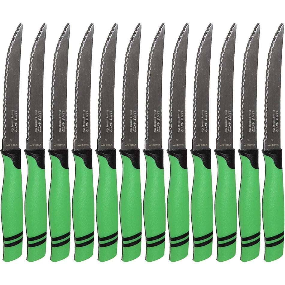 Martinazzo Serrated Steak Knife Green Plastic Handle 5", 12 Pcs Card  21537/03